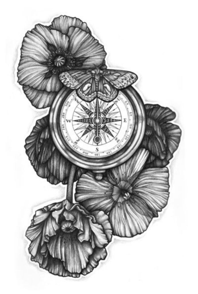 Black And White Poppy Flowers With Compass And Butterfly Tattoo Design By Fhobik