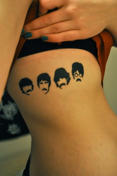 Black Beatles Faces Tattoo On Girl Side Rib