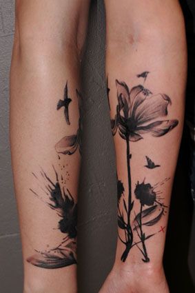 Black Ink Abstract Flowers Tattoo On Forearm By