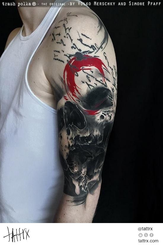 Black Ink Abstract Skull Tattoo On Left Half Sleeve