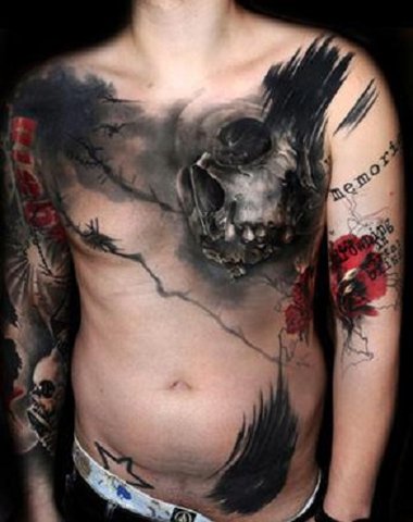 Black Ink Abstract Skull Tattoo On Man Chest