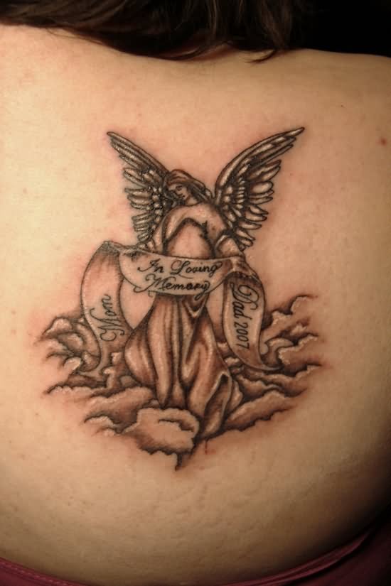 Black Ink Angel With Banner And Clouds Tattoo On Right Back Shoulder