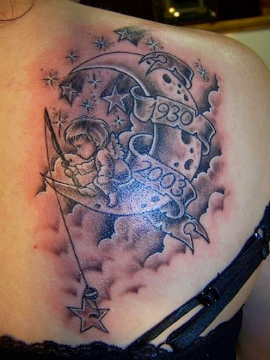 Black Ink Cherub Half Moon With Banner And Cloud Tattoo On Right Back Shoulder