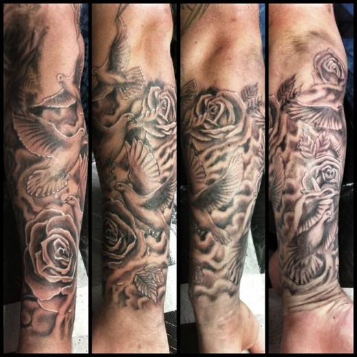 Black Ink Clouds And Flying Doves With Roses Tattoo Design For Sleeve