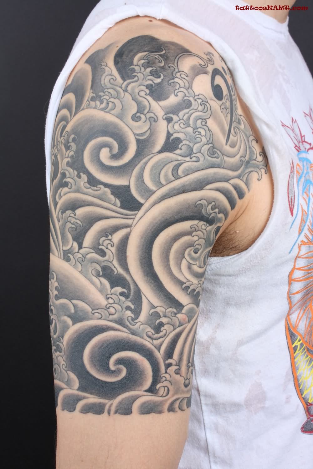 Black Ink Clouds Tattoo On Right Half Sleeve