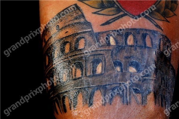 Black Ink Colosseum Tattoo Design For Sleeve