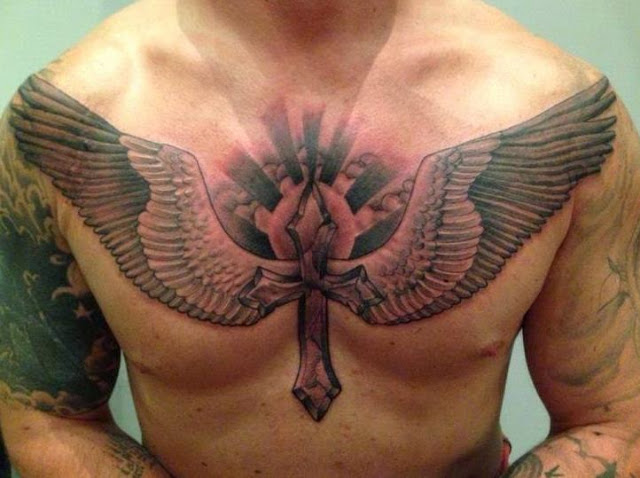 Black Ink Cross With Wings And Cloud Tattoo On Man Chest