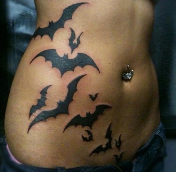 Black Ink Flying Bats Tattoo On Stomach