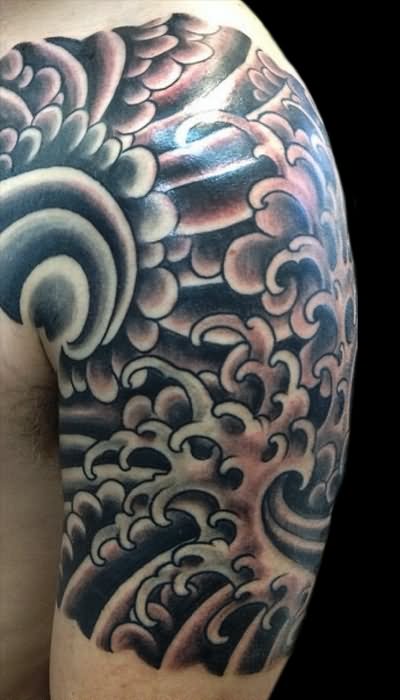 Black Ink Japanese Cloud Tattoo Design For Shoulder