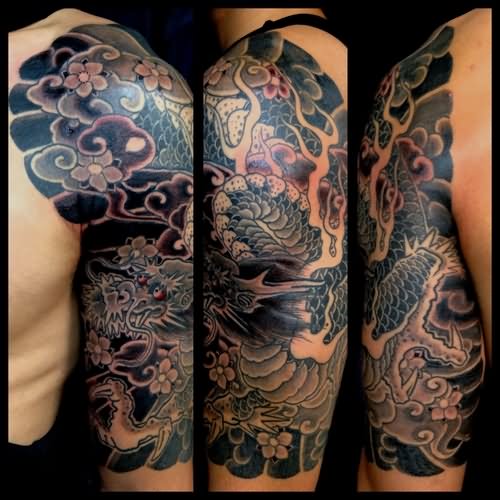 Black Ink Japanese Cloud With Dragon Tattoo On Half Sleeve