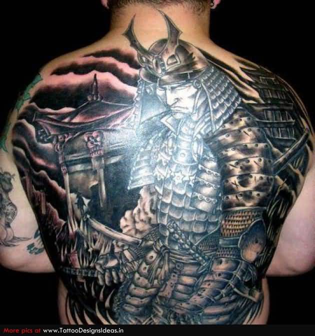 Black Ink Japanese Warrior Tattoo On Full Back