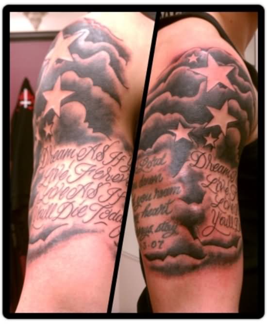 Black Ink Shading Clouds With Stars And Quote Tattoo Design For Shoulder
