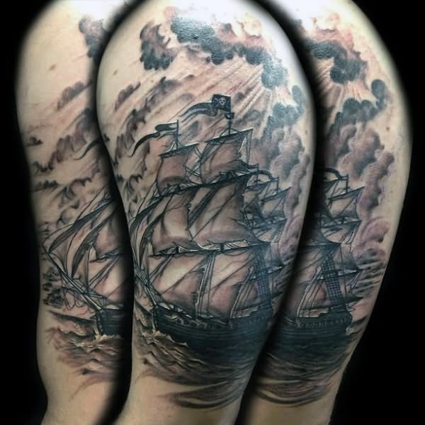 Black Ink Ship With Clouds Tattoo Design For Half Sleeve