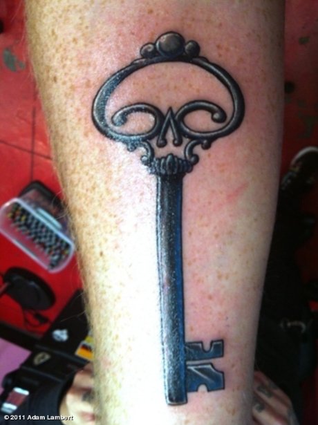 Black Ink Skeleton Key Tattoo On Arm