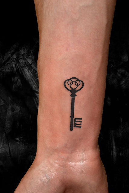 Black Ink Skeleton Key Tattoo On Right Wrist