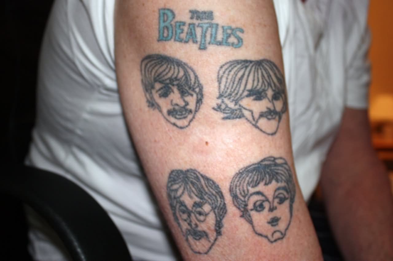 Black Outline Beatles Face Tattoo Design For Half Sleeve