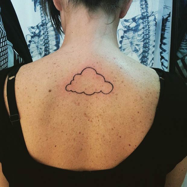 Black Outline Cloud Tattoo On Girl Upper Back