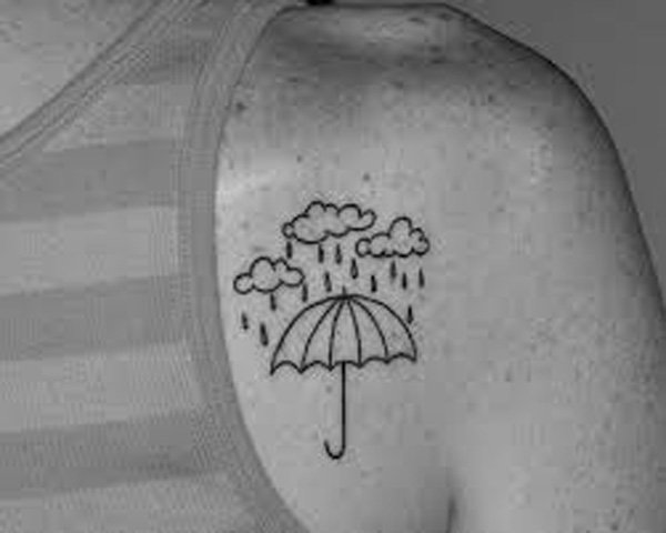 Black Outline Clouds With Umbrella Tattoo On Right Back Shoulder