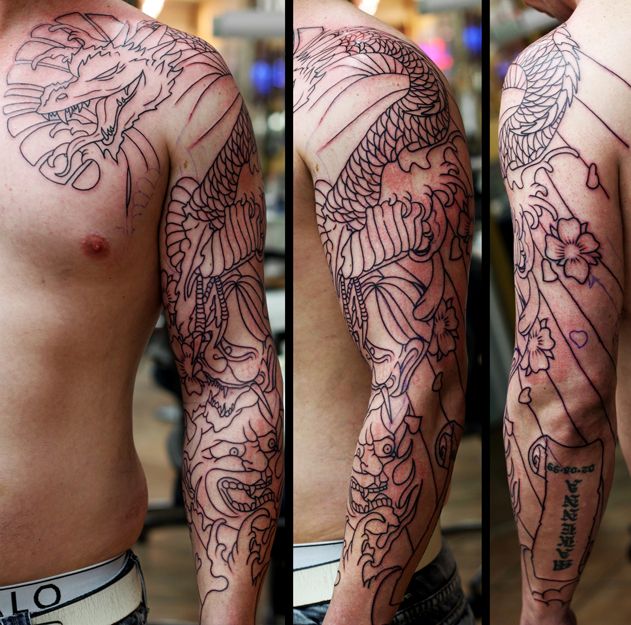 Black Outline Japanese Dragon Tattoo On Man Left Full Sleeve