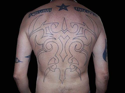 Black Outline Tribal Design Tattoo On Full Back