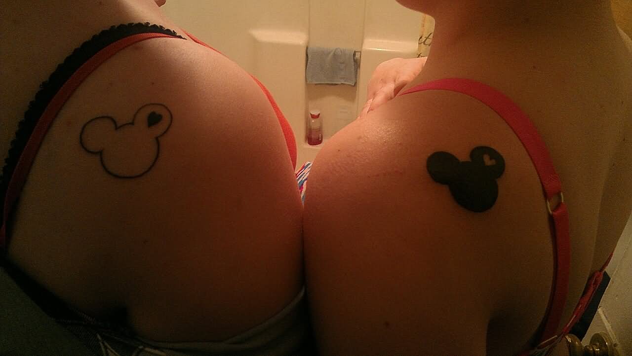 Black Silhouette And Outline Mickey Mouse Tattoos On Shoulder