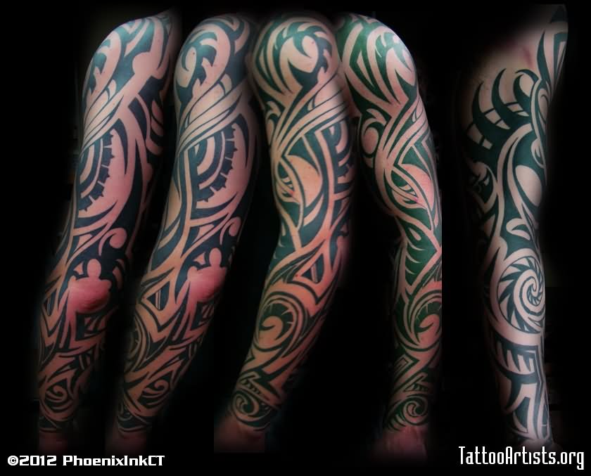 Black Tribal Design Tattoo On Full Sleeve