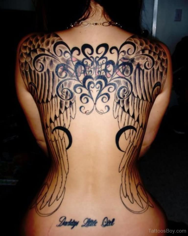 Black Tribal Design With Angel Wings Tattoo On Girl Full Back