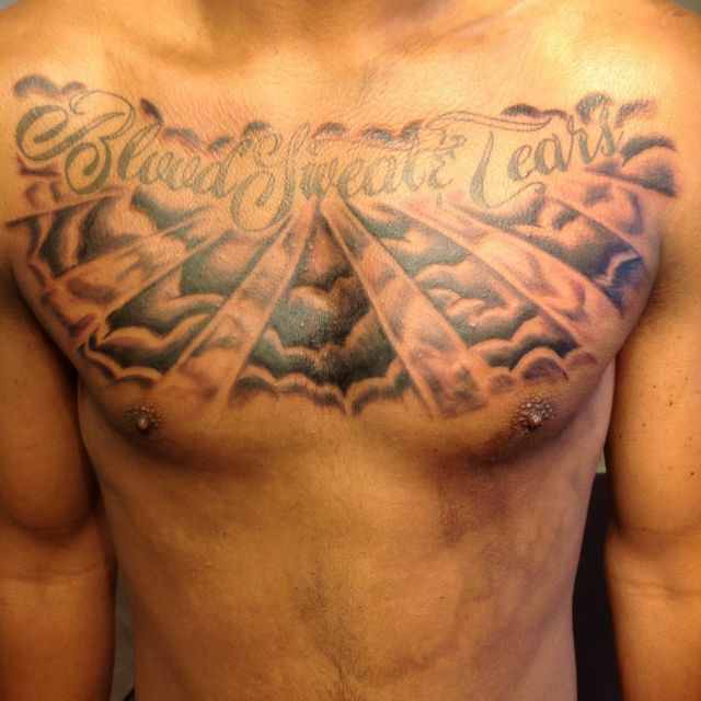 Blood Sweat Tears - Clouds Tattoo On Man Chest