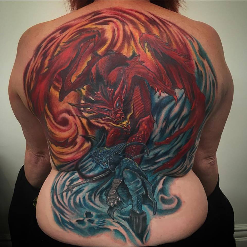 Blue And Red Ink Devil Tattoos On Full Back by Big Gus Ink