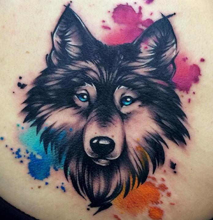 Blue Eyes Wolf Head Tattoo On Upper Back