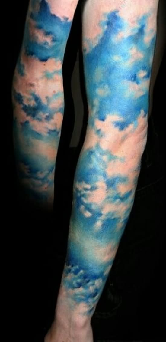 Blue Ink Clouds Tattoo Design For Full Sleeve