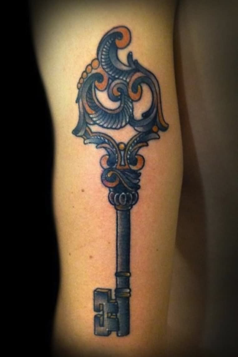 Blue Ink Skeleton Key Tattoo