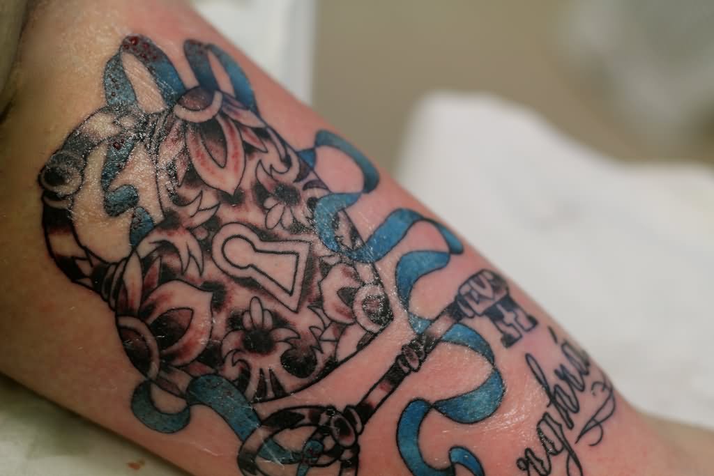Blue Ribbon And Lock Heart With Skeleton Key Tattoo
