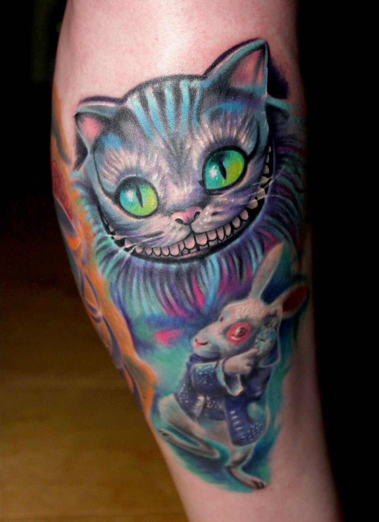 Cheshire Cat With Bunny Tattoo On Leg