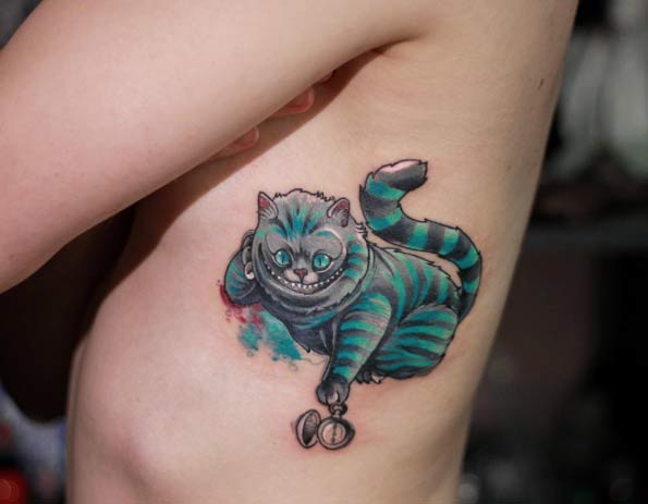 Cheshire Cat With Pocket Watch Tattoo On Side Rib