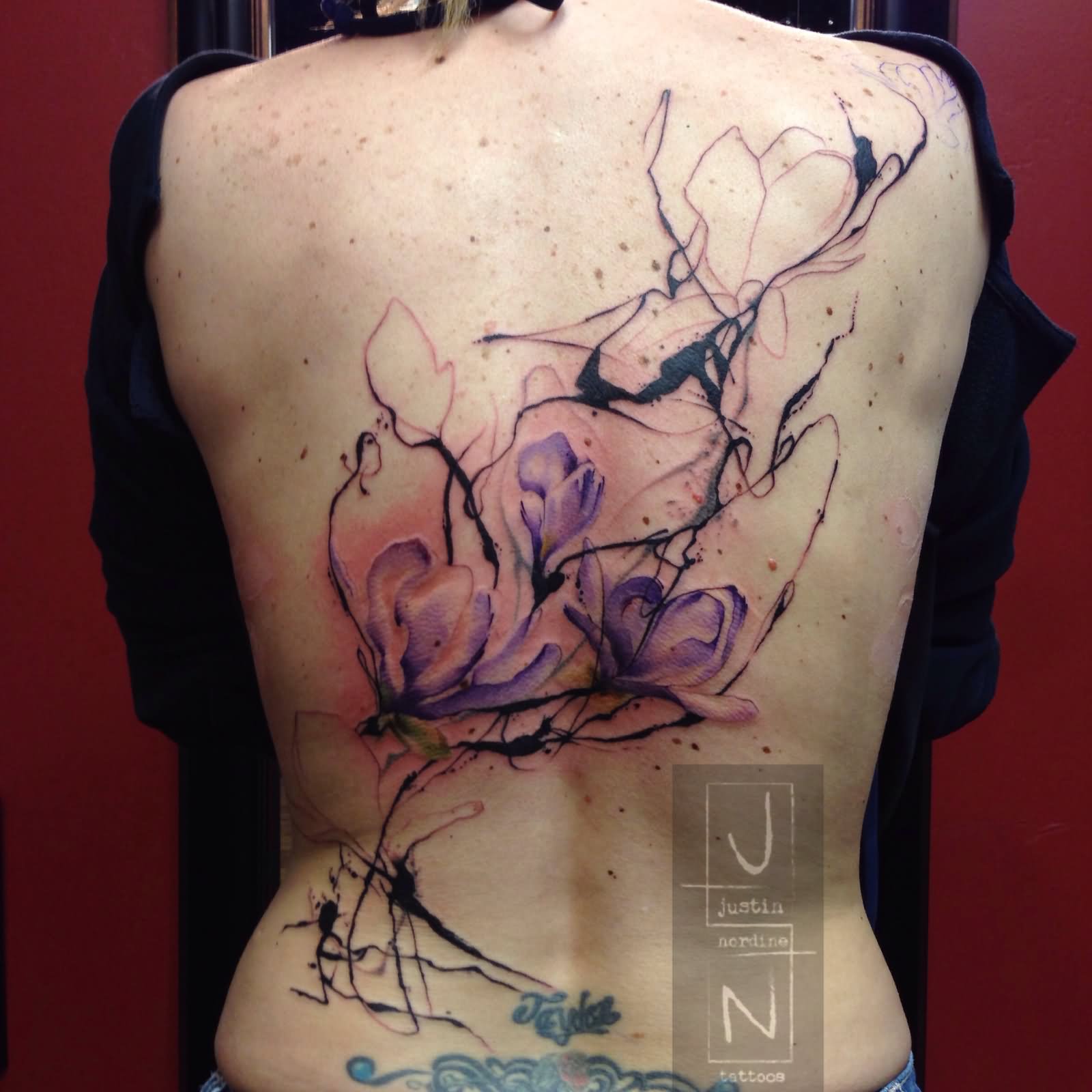 Classic Abstract Flowers Tattoo On Girl Back