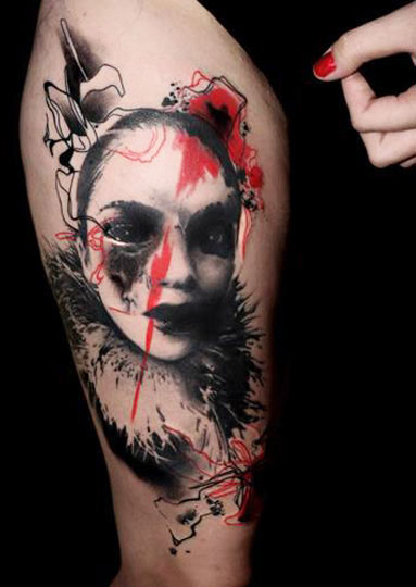 Classic Abstract Girl Face Tattoo Design For Thigh By Buena