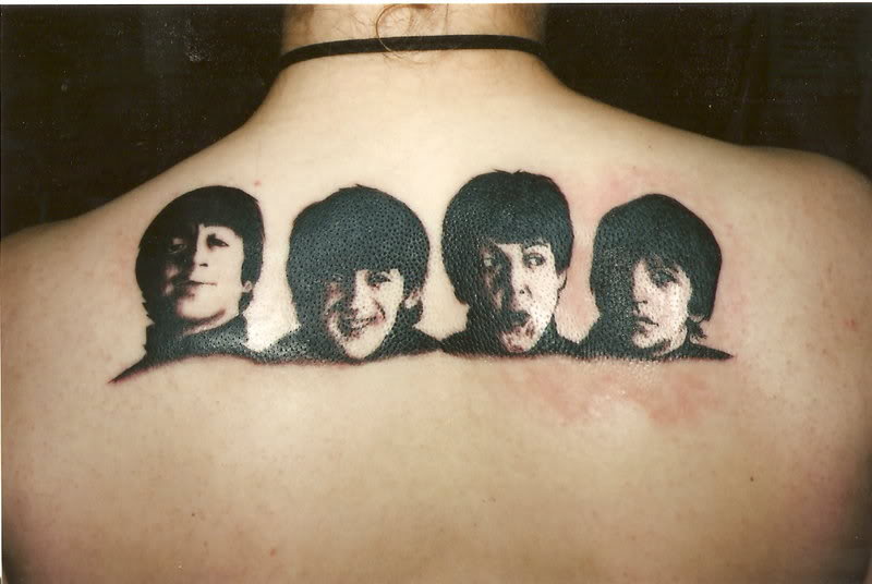 Classic Beatles Faces Tattoo On Upper Back