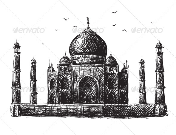 Classic Black Ink Taj Mahal With Flying Birds Tattoo Design