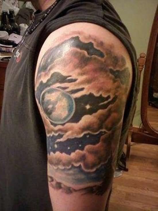 Classic Clouds With Moon Tattoo On Left Half Sleeve