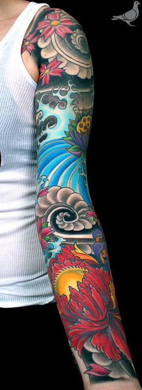 Classic Colorful Flowers Tattoo On Full Sleeve