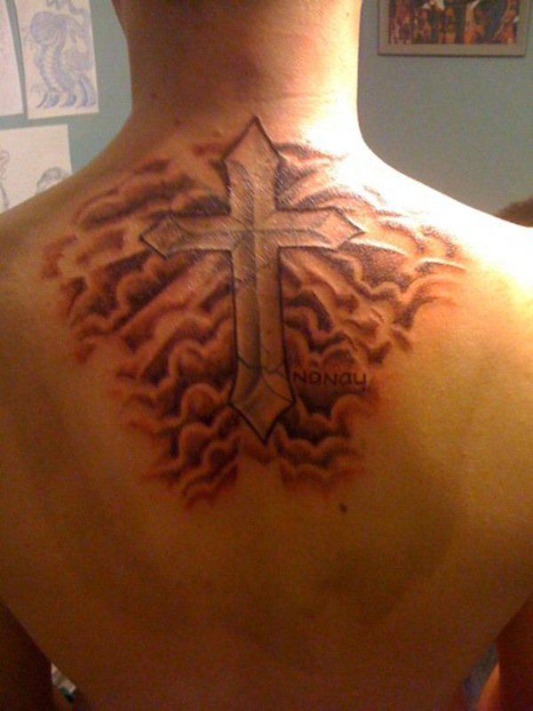 Classic Cross With Cloud Shading Tattoo On Man Upper Back