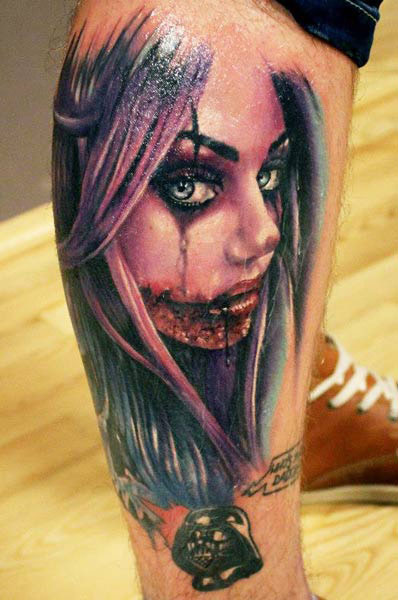 Classic Horror Girl Face Tattoo On Right Leg By Proki