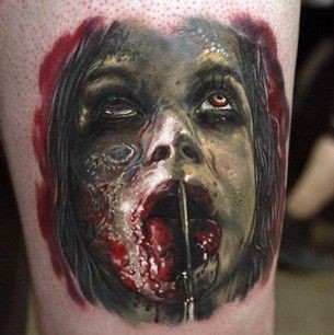 Classic Horror Zombie Girl Face Tattoo Design For Sleeve