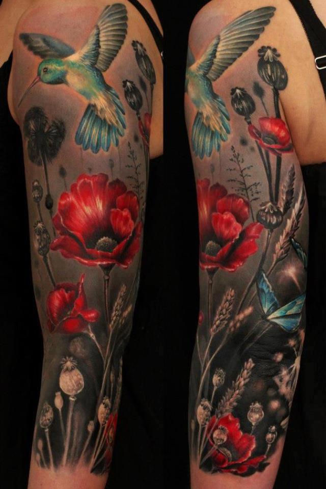 Classic Opium Poppy With Flying Bird Tattoo On Half Sleeve