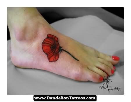 Classic Poppy Flower Tattoo On Girl Right Foot