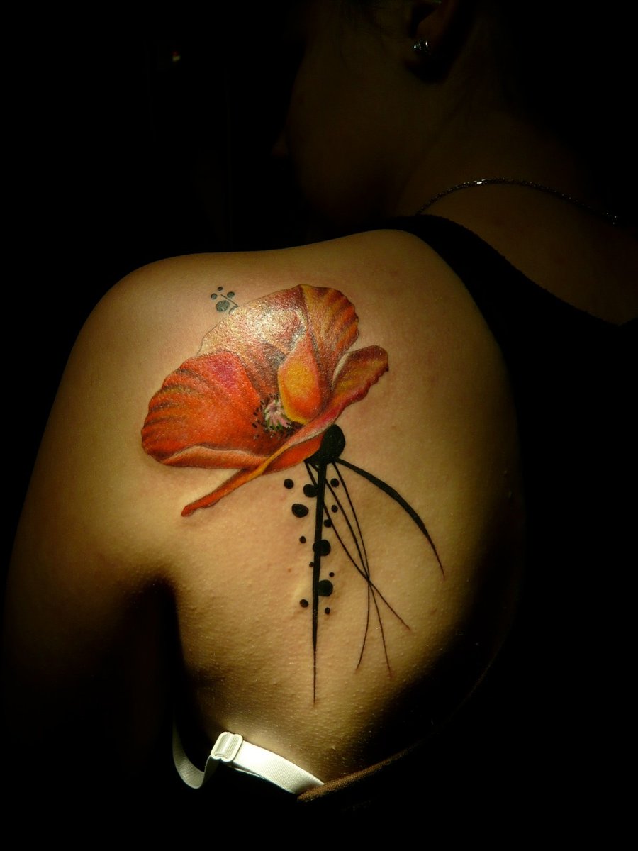 Classic Poppy Flower Tattoo On Left Back Shoulder