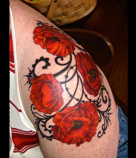 Classic Poppy Flowers Tattoo Design For Shoulder