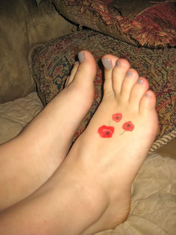 Classic Poppy Flowers Tattoo On Right Foot