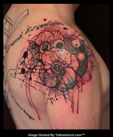 Classic Watercolor Abstract Flowers Tattoo On Right Shoulder